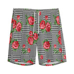 Red Roses Houndstooth Pattern Print Men's Sports Shorts