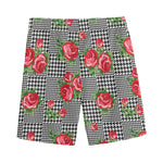 Red Roses Houndstooth Pattern Print Men's Sports Shorts