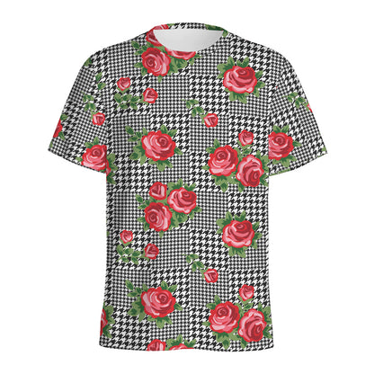 Red Roses Houndstooth Pattern Print Men's Sports T-Shirt