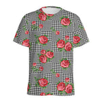 Red Roses Houndstooth Pattern Print Men's Sports T-Shirt