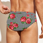 Red Roses Houndstooth Pattern Print Men's Swim Briefs