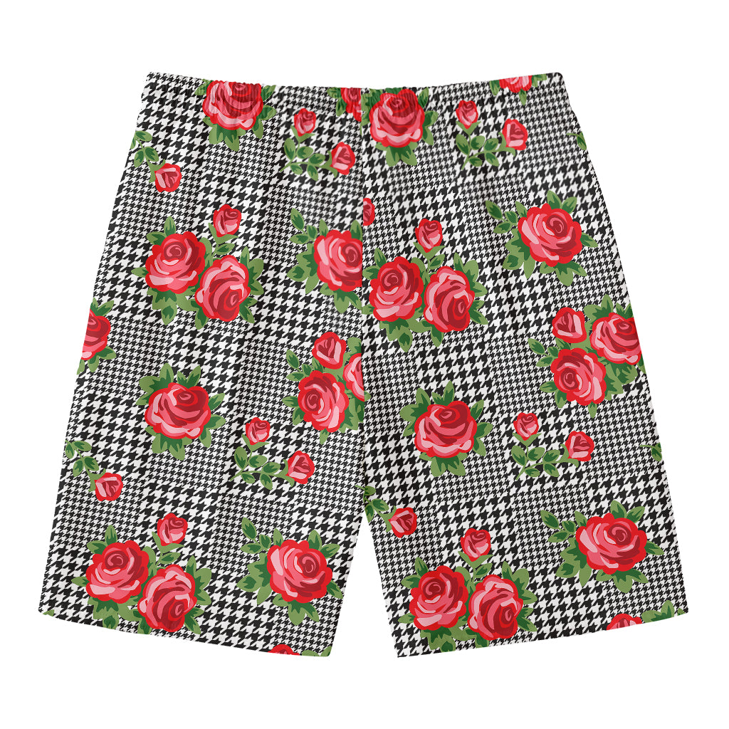 Red Roses Houndstooth Pattern Print Men's Swim Trunks