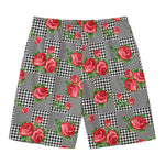 Red Roses Houndstooth Pattern Print Men's Swim Trunks