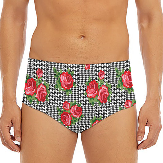 Red Roses Houndstooth Pattern Print Men's Triangle Swim Briefs