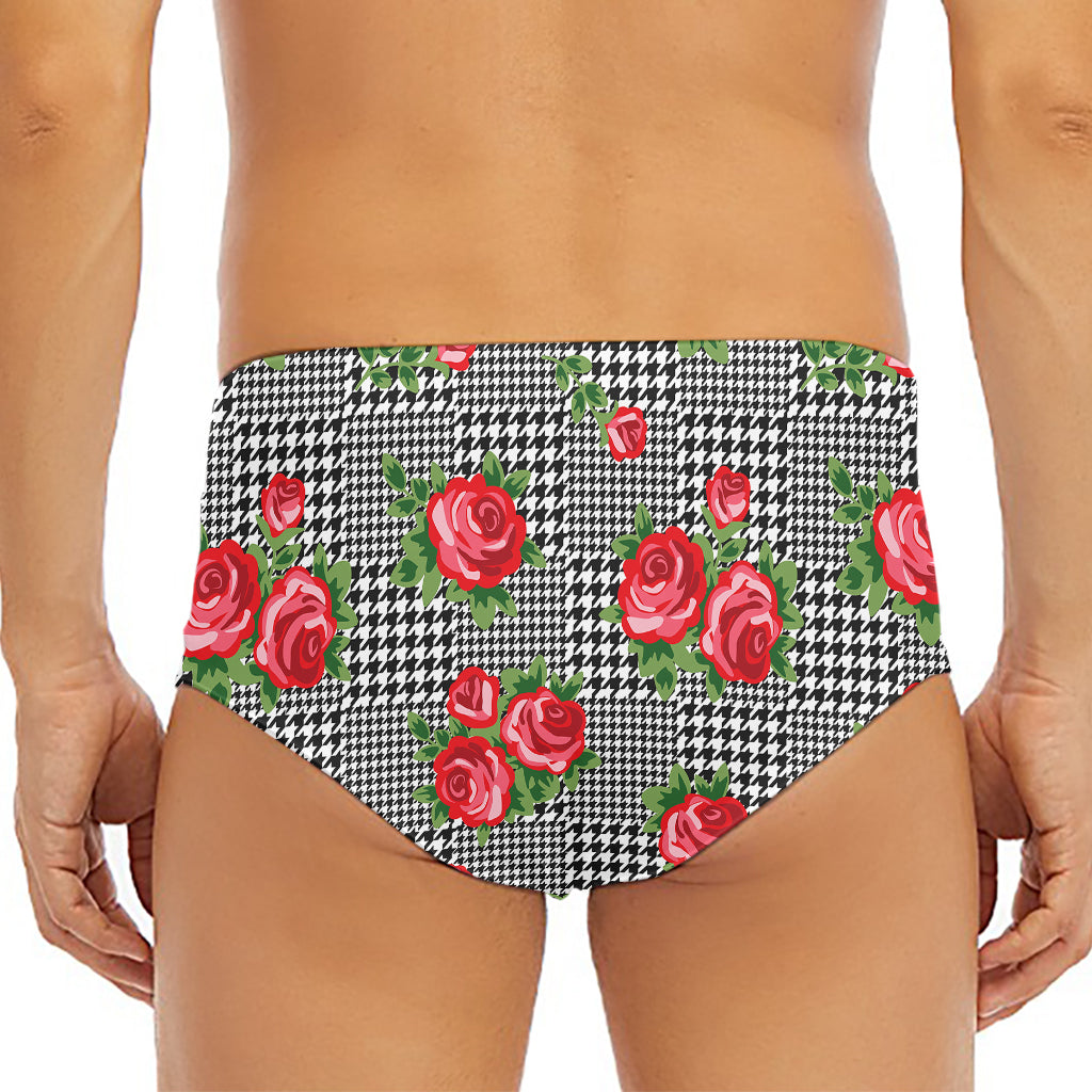 Red Roses Houndstooth Pattern Print Men's Triangle Swim Briefs