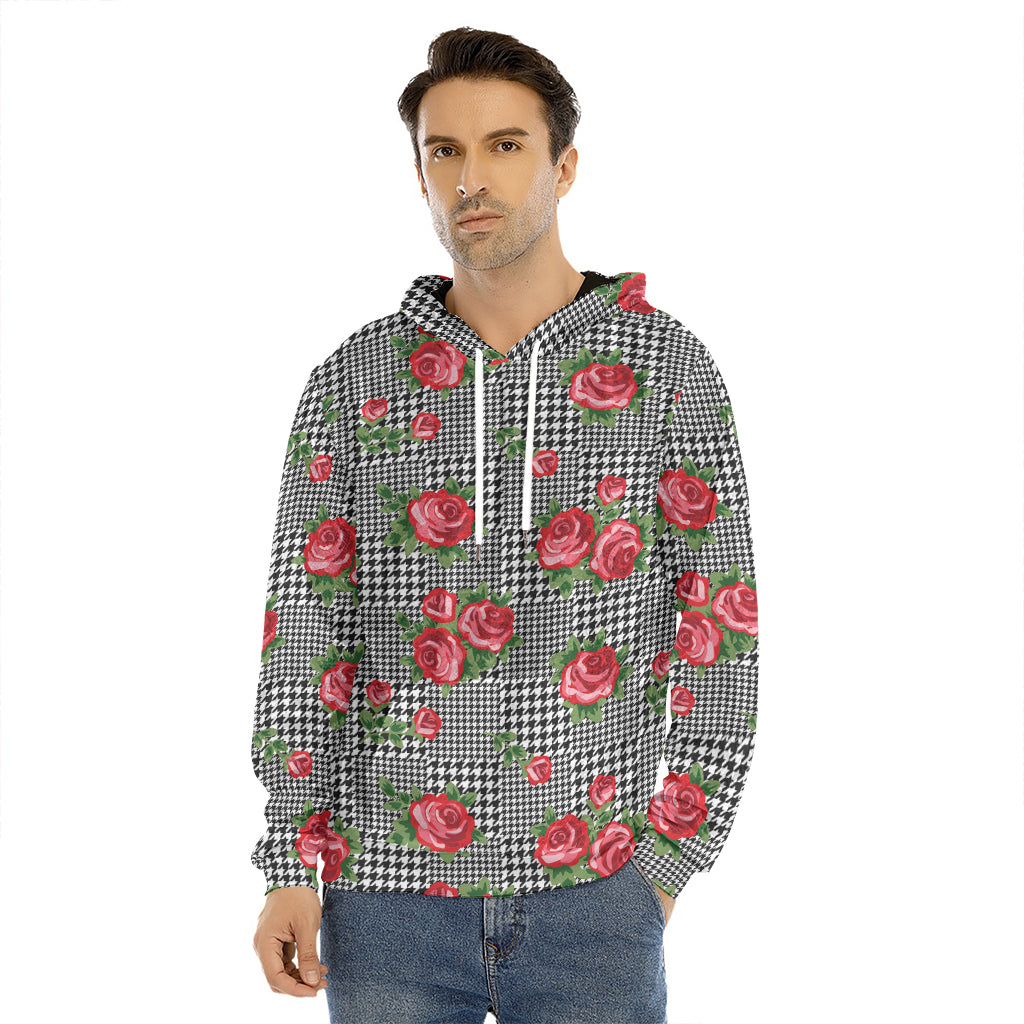 Red Roses Houndstooth Pattern Print Men's Velvet Pullover Hoodie