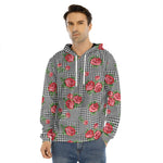 Red Roses Houndstooth Pattern Print Men's Velvet Pullover Hoodie