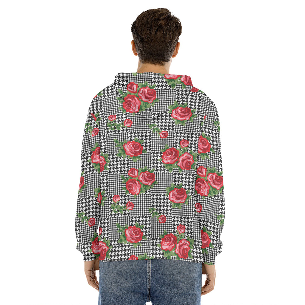 Red Roses Houndstooth Pattern Print Men's Velvet Pullover Hoodie