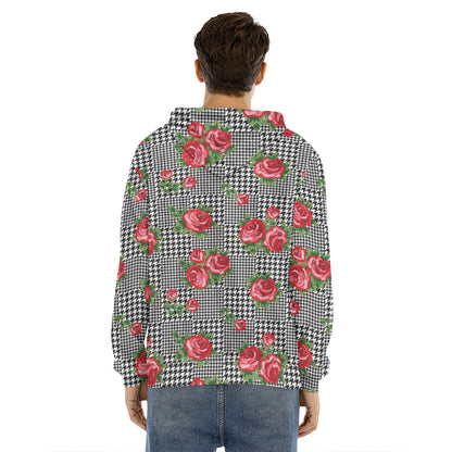 Red Roses Houndstooth Pattern Print Men's Velvet Pullover Hoodie