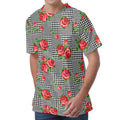 Red Roses Houndstooth Pattern Print Men's Velvet T-Shirt