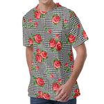 Red Roses Houndstooth Pattern Print Men's Velvet T-Shirt