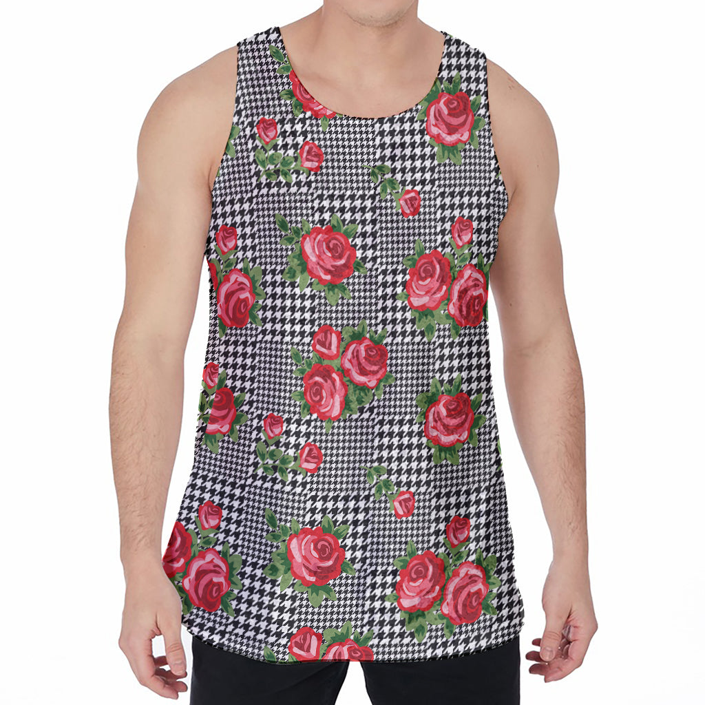 Red Roses Houndstooth Pattern Print Men's Velvet Tank Top