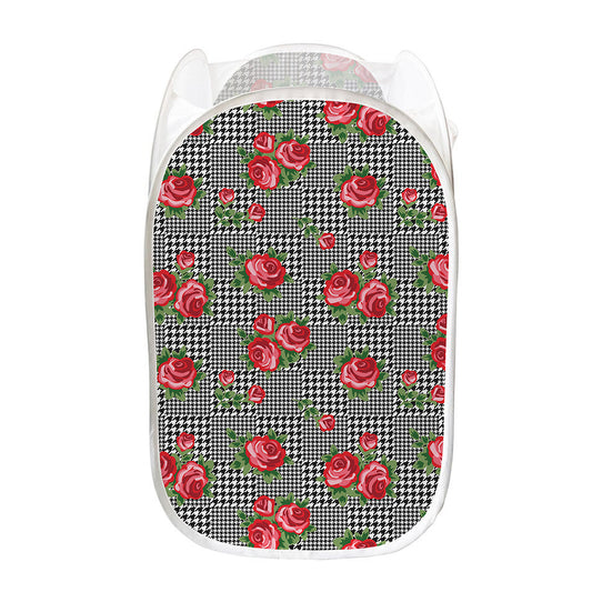 Red Roses Houndstooth Pattern Print Mesh Laundry Hamper