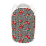 Red Roses Houndstooth Pattern Print Mesh Laundry Hamper