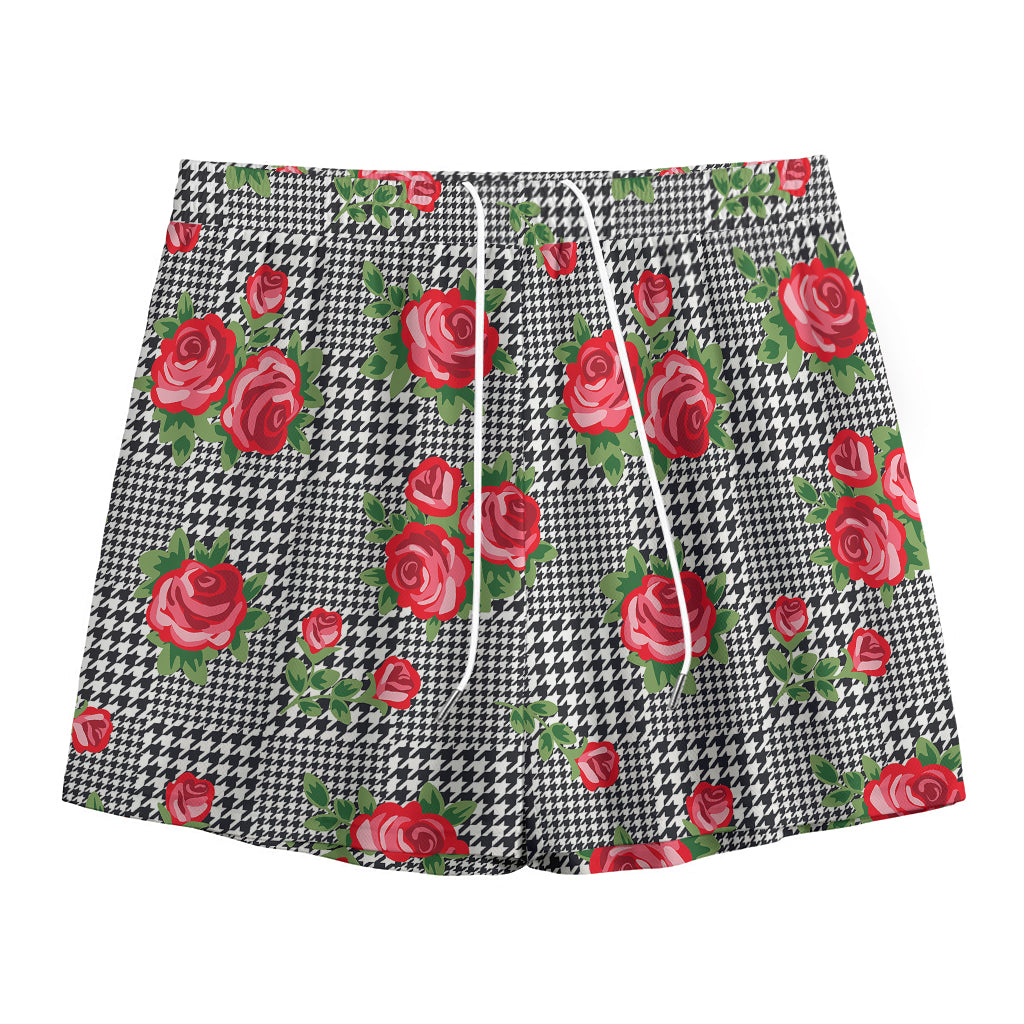 Red Roses Houndstooth Pattern Print Mesh Shorts