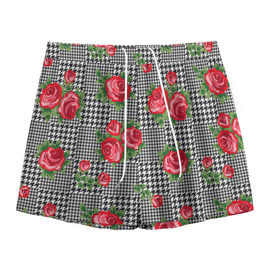 Red Roses Houndstooth Pattern Print Mesh Shorts