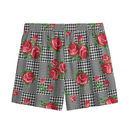Red Roses Houndstooth Pattern Print Mesh Shorts
