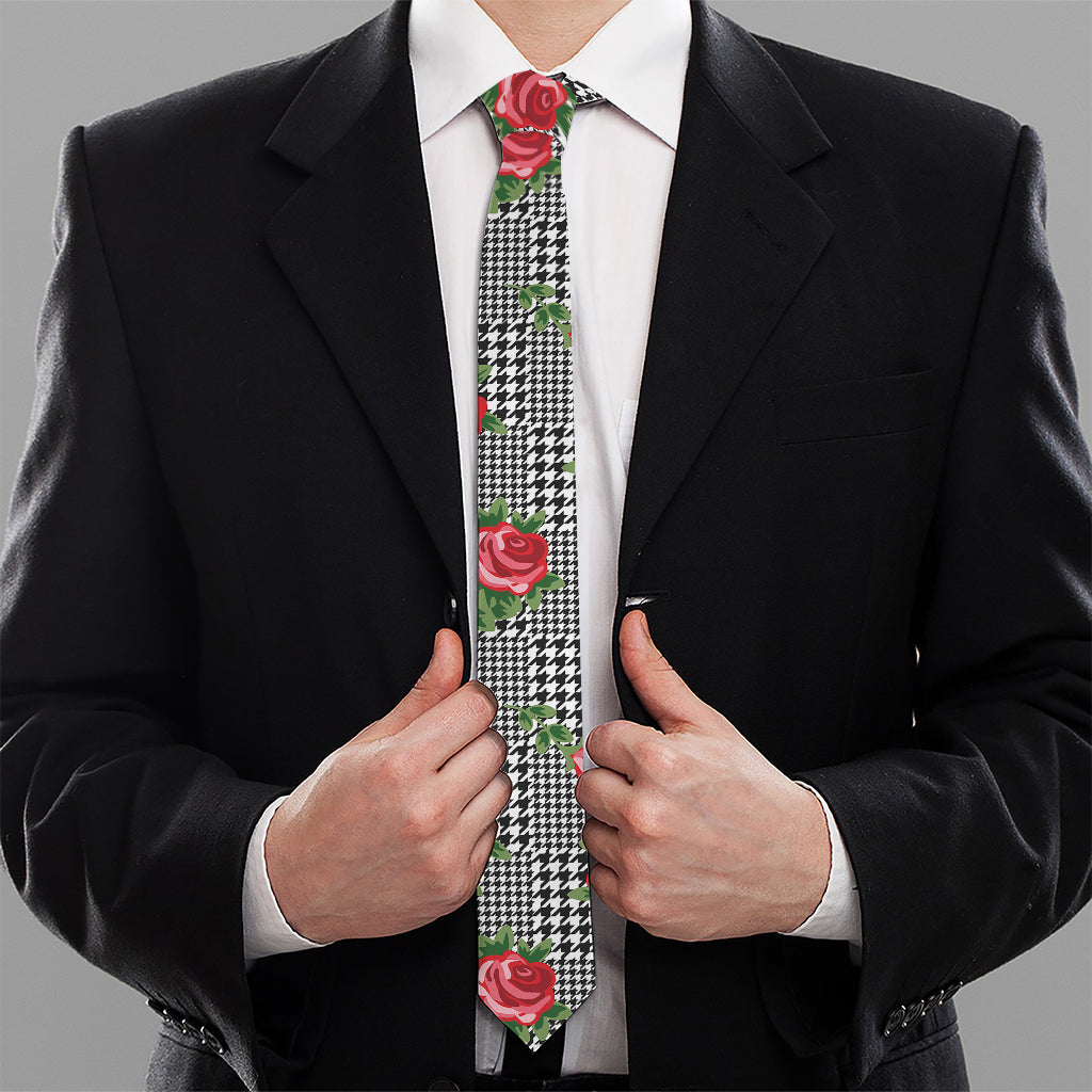 Red Roses Houndstooth Pattern Print Necktie