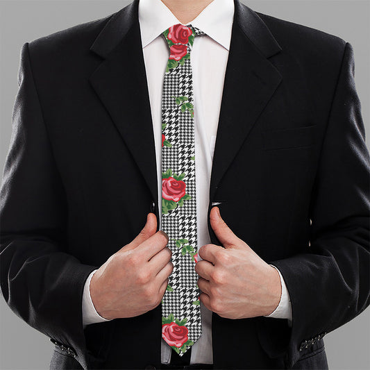 Red Roses Houndstooth Pattern Print Necktie