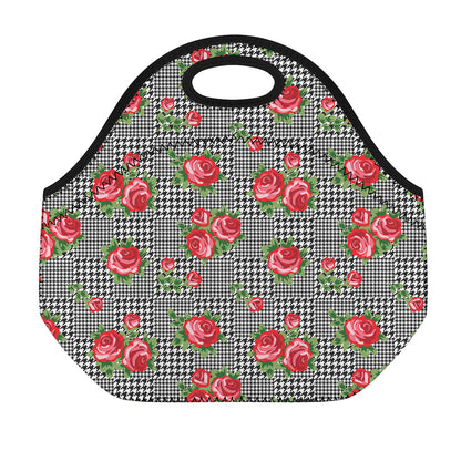 Red Roses Houndstooth Pattern Print Neoprene Lunch Bag
