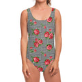 Red Roses Houndstooth Pattern Print One Piece Swimsuit
