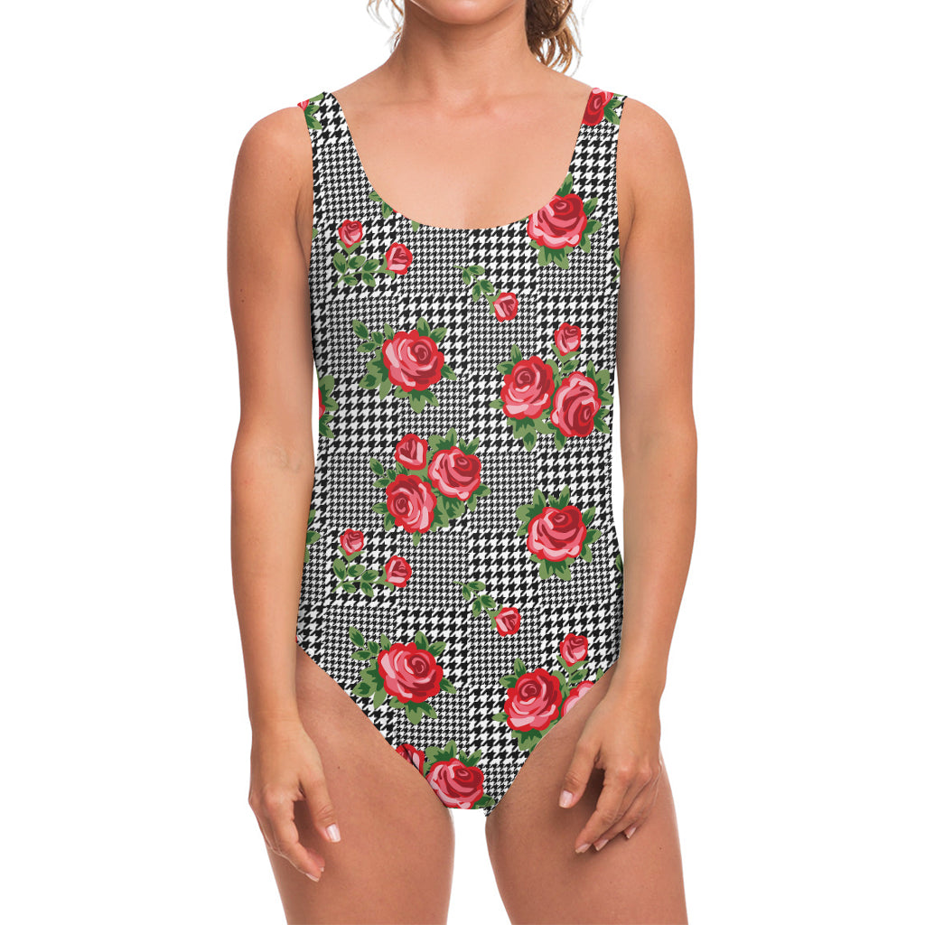 Red Roses Houndstooth Pattern Print One Piece Swimsuit