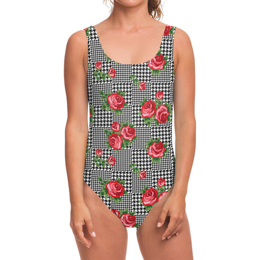 Red Roses Houndstooth Pattern Print One Piece Swimsuit