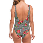 Red Roses Houndstooth Pattern Print One Piece Swimsuit