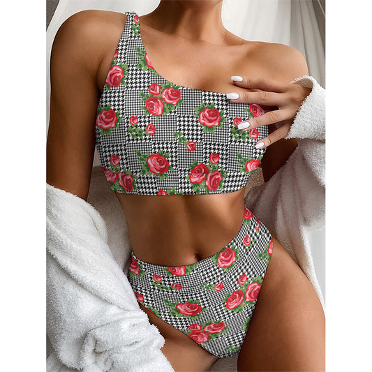 Red Roses Houndstooth Pattern Print One Shoulder Bikini Top