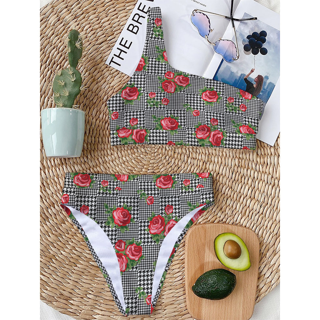 Red Roses Houndstooth Pattern Print One Shoulder Bikini Top