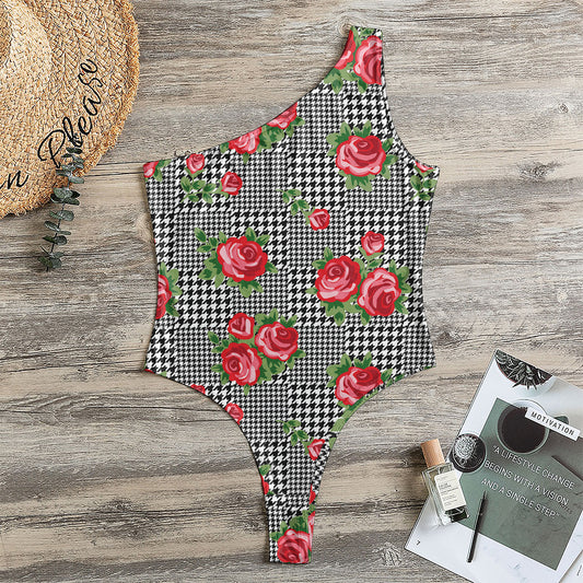 Red Roses Houndstooth Pattern Print One Shoulder Bodysuit