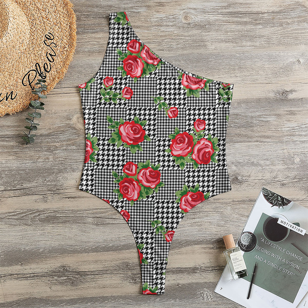 Red Roses Houndstooth Pattern Print One Shoulder Bodysuit