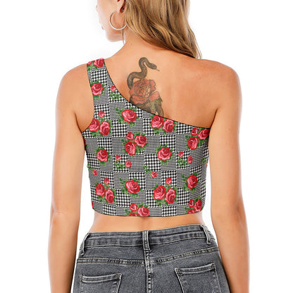 Red Roses Houndstooth Pattern Print One Shoulder Crop Top