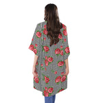 Red Roses Houndstooth Pattern Print Open Front Beach Cover Up