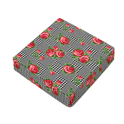 Red Roses Houndstooth Pattern Print Outdoor Seat Cushion Cover