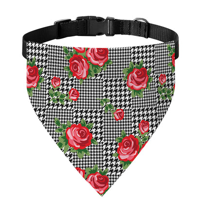 Red Roses Houndstooth Pattern Print Over The Collar Dog Bandana