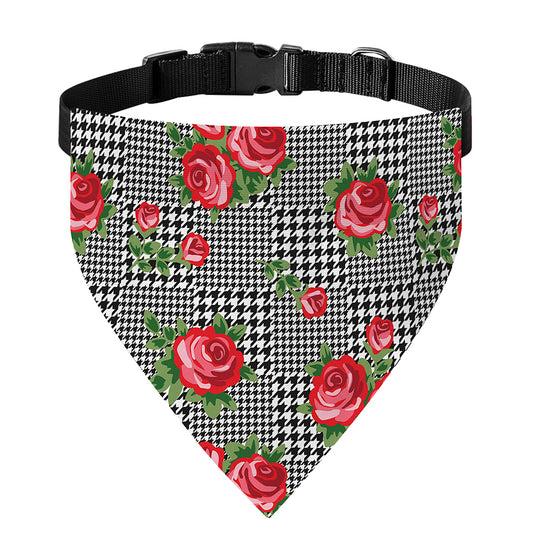 Red Roses Houndstooth Pattern Print Over The Collar Dog Bandana