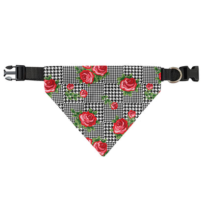 Red Roses Houndstooth Pattern Print Over The Collar Dog Bandana