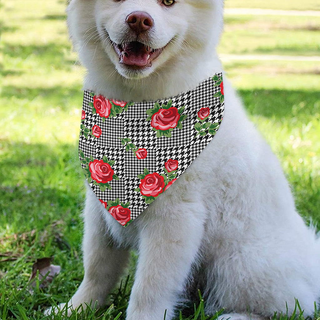 Red Roses Houndstooth Pattern Print Over The Collar Dog Bandana