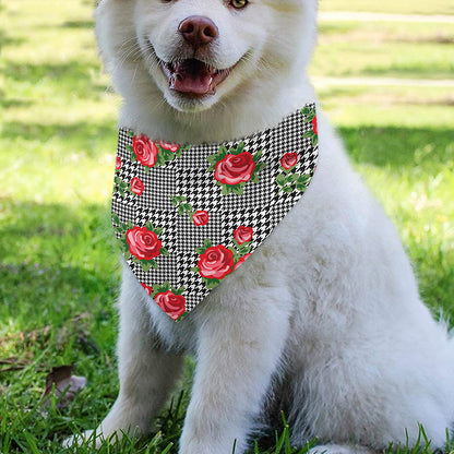 Red Roses Houndstooth Pattern Print Over The Collar Dog Bandana