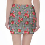 Red Roses Houndstooth Pattern Print Pencil Mini Skirt