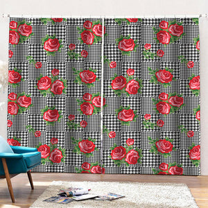 Red Roses Houndstooth Pattern Print Pencil Pleat Curtains