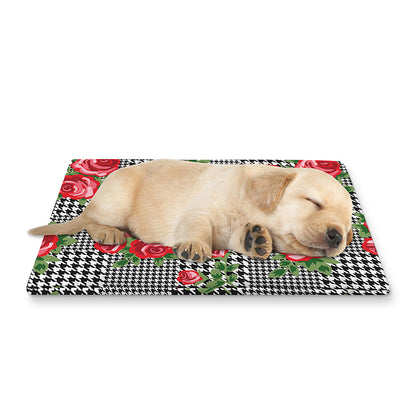 Red Roses Houndstooth Pattern Print Pet Cooling Mat Cover