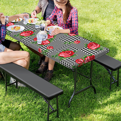 Red Roses Houndstooth Pattern Print Picnic Table Cover