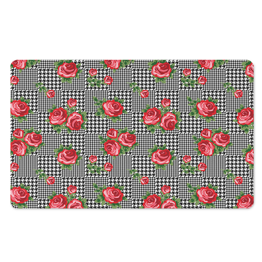 Red Roses Houndstooth Pattern Print Polyester Doormat