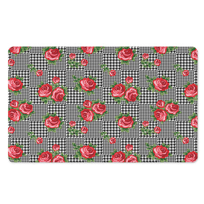 Red Roses Houndstooth Pattern Print Polyester Doormat