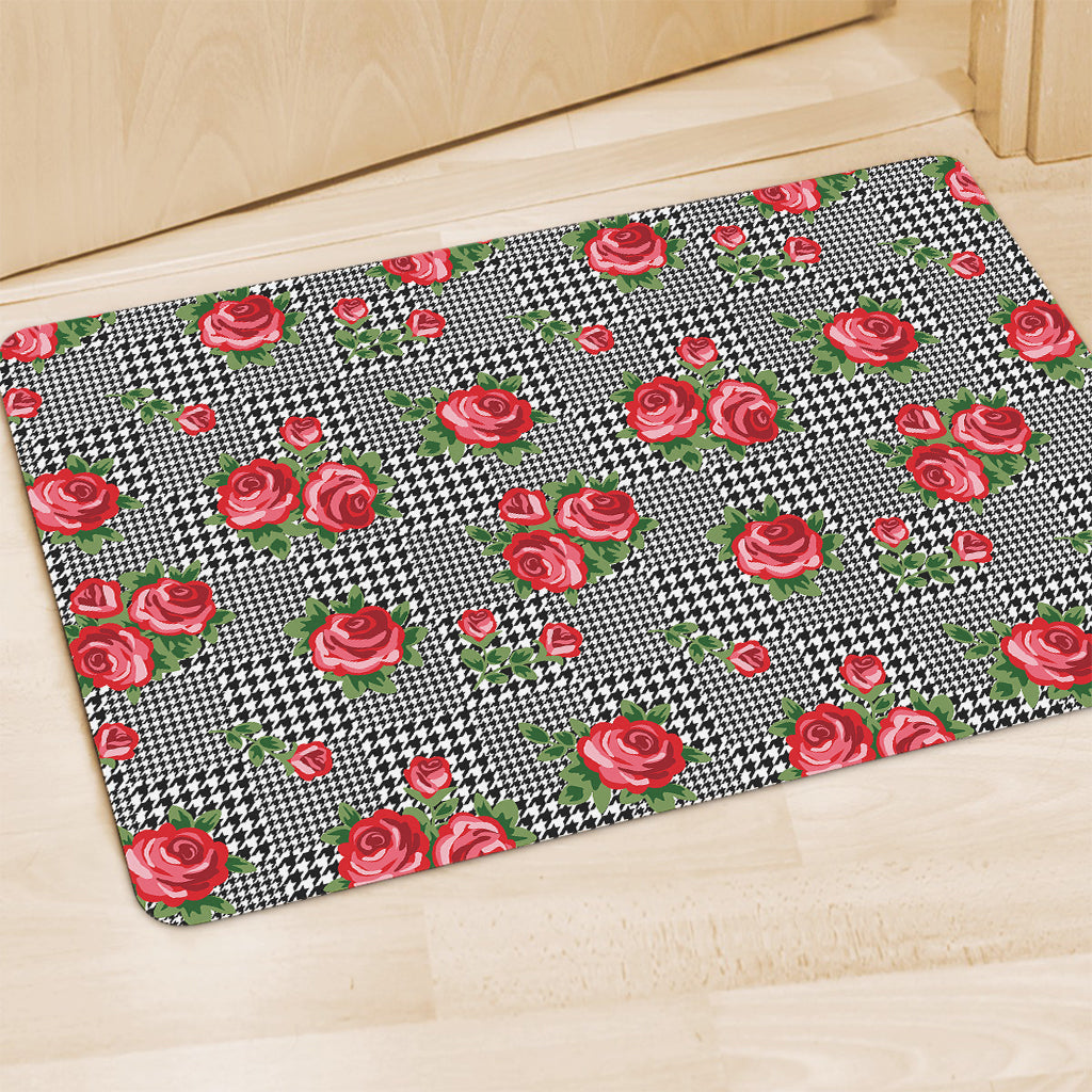 Red Roses Houndstooth Pattern Print Polyester Doormat