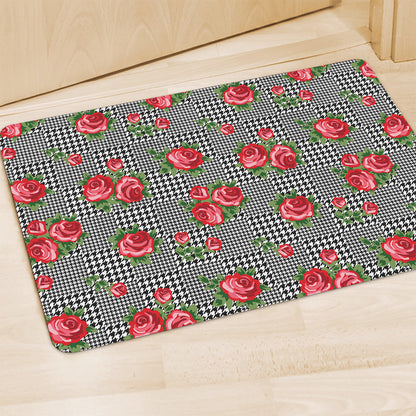 Red Roses Houndstooth Pattern Print Polyester Doormat
