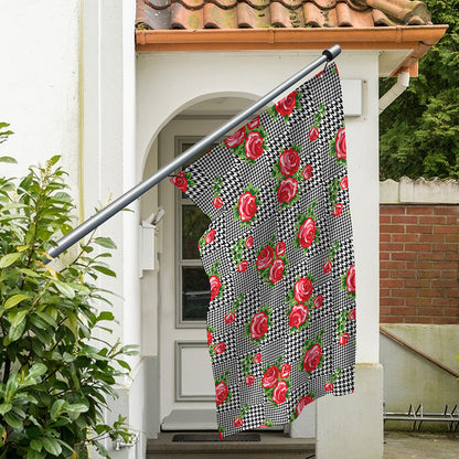 Red Roses Houndstooth Pattern Print Polyester Flag