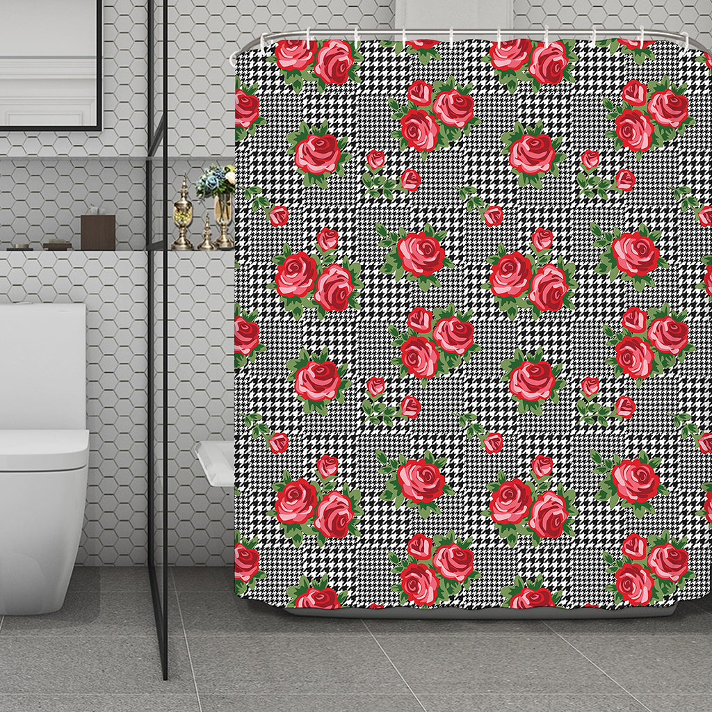 Red Roses Houndstooth Pattern Print Polyester Shower Curtain